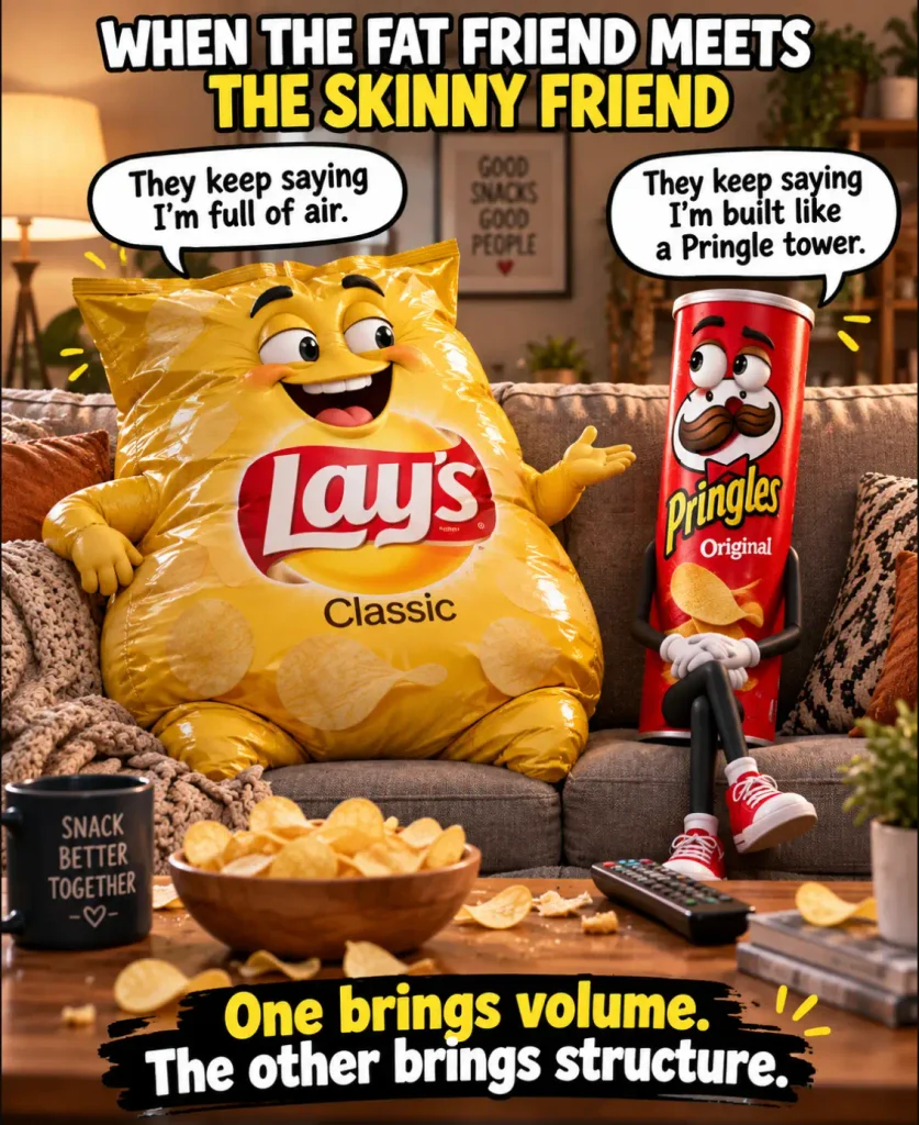 Lays and Pringles cartoon characters sitting on a sofa in a funny fat friend vs skinny friend meme
