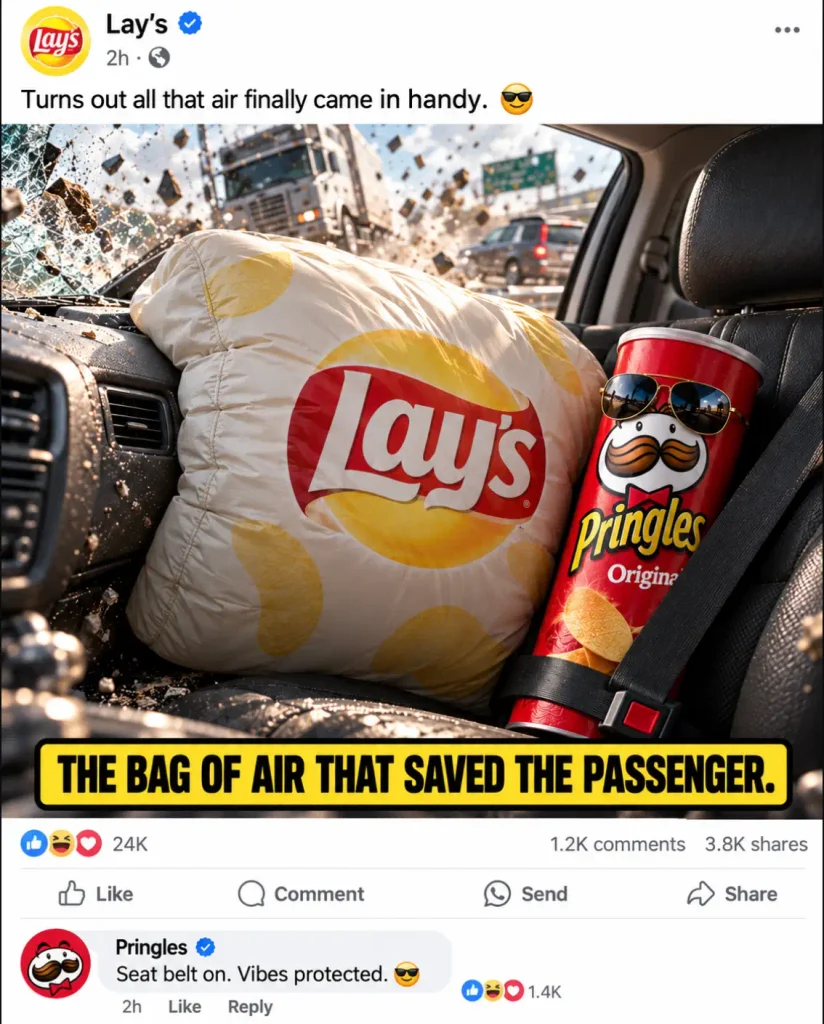 Lays bag used like an airbag beside a Pringles can in a humorous car accident meme