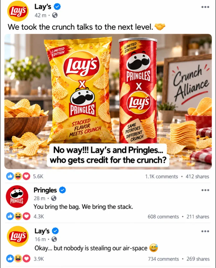 Lays and Pringles collaboration meme showing both snack brands in a funny social media post