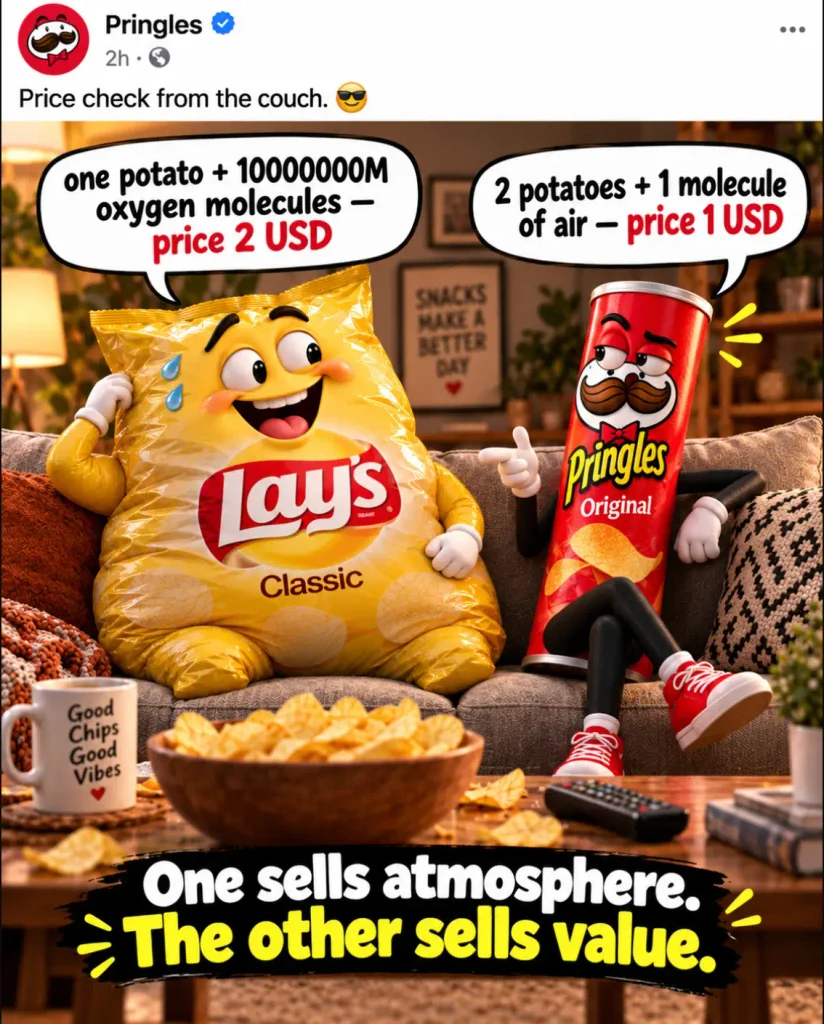 Lays vs Pringles price comparison meme with funny jokes about air and potato chips