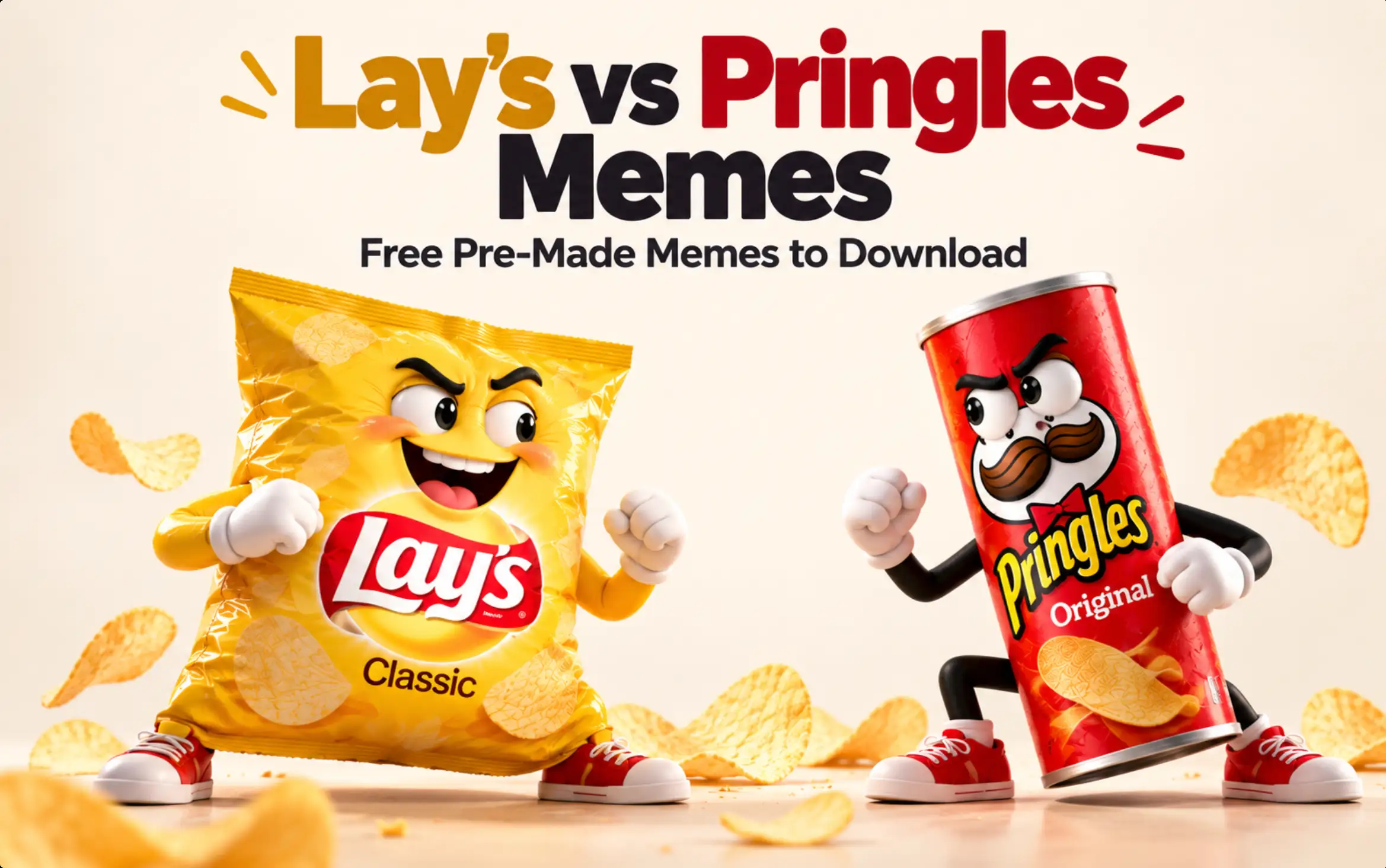 Lays vs Pringles memes featured image with cartoon snack characters and free pre-made memes download text